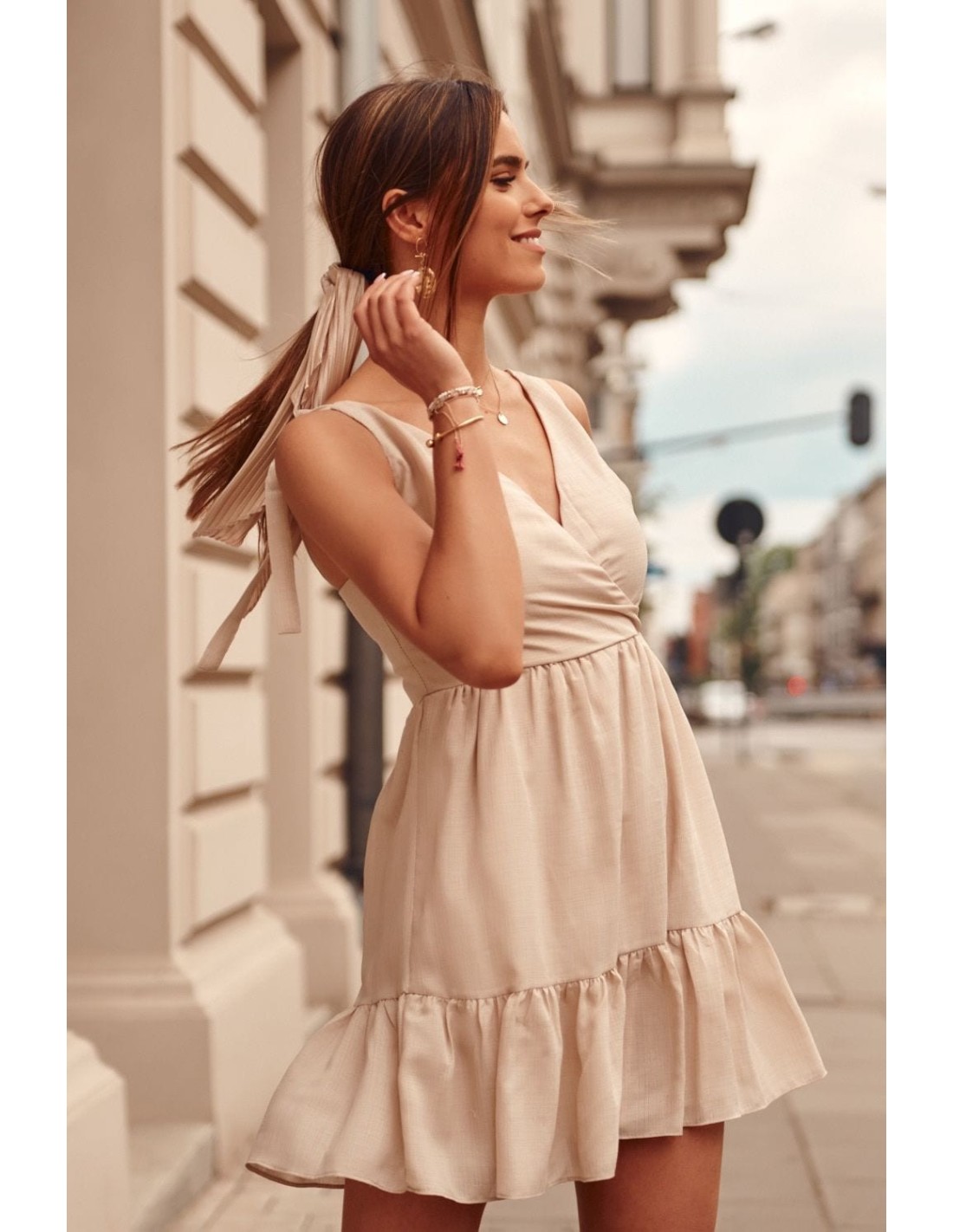 Lovely dress with an envelope neckline, beige PR3196 - Online store - Boutique